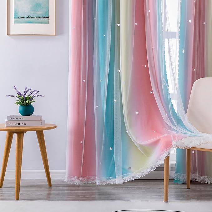 XiDi Blackout Curtains for Girls Bedroom, Girls Room Decro for Kids Room, Colorful Rainbow Style, Unicorn Wall Decor Ombre Curtains, Princess Room 72 Inches Long Pink/Blue