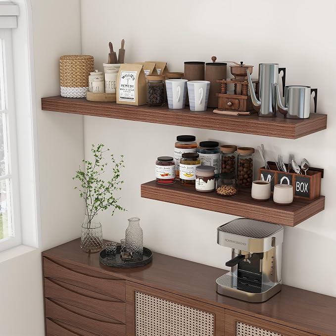 FLYJOE Deep Floating Shelves, 55 Inch Walnut Shelves Set of 1 | 12 Inch Deep Shelves for Wall, 55'' x 12'' Rustic Wood Shelves for Bathroom Living Room Laundry Room Kitchen