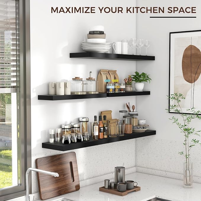 24" Wide x 6.5" Deep Floating Shelves for Wall, Black Finish, 2-Pack | Engineered Wood Wall Shelves with Invisible Brackets for Living Room, Bedroom, Bathroom, Office & Kitchen Storage