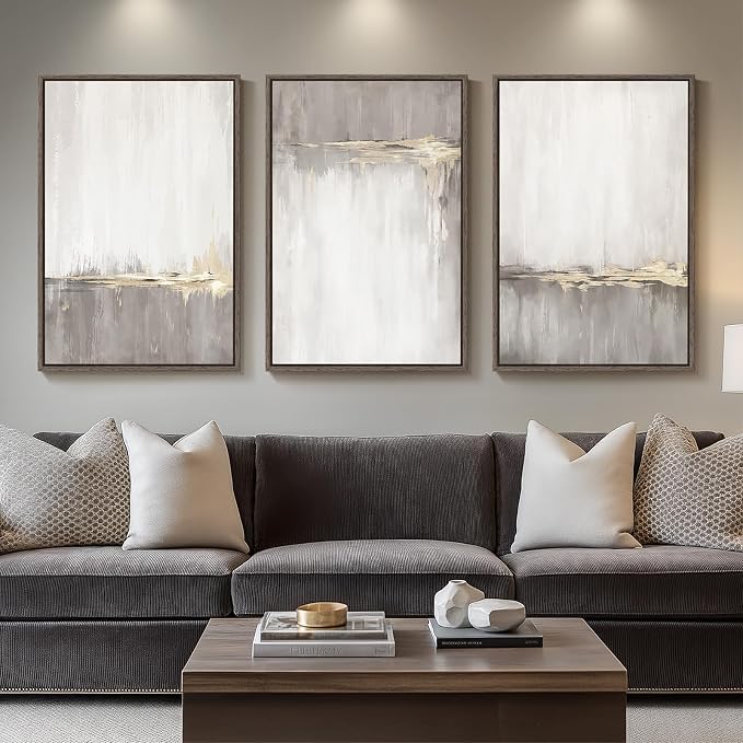 Framed Grey White Abstract Wall Art for Living Room, 3 Piece Large Gold Neutral Canvas Prints Artwork for Walls, Gray Modern Minimalist Paintings Pictures for Home Office Hallway Wall Decor, 24X36 In
