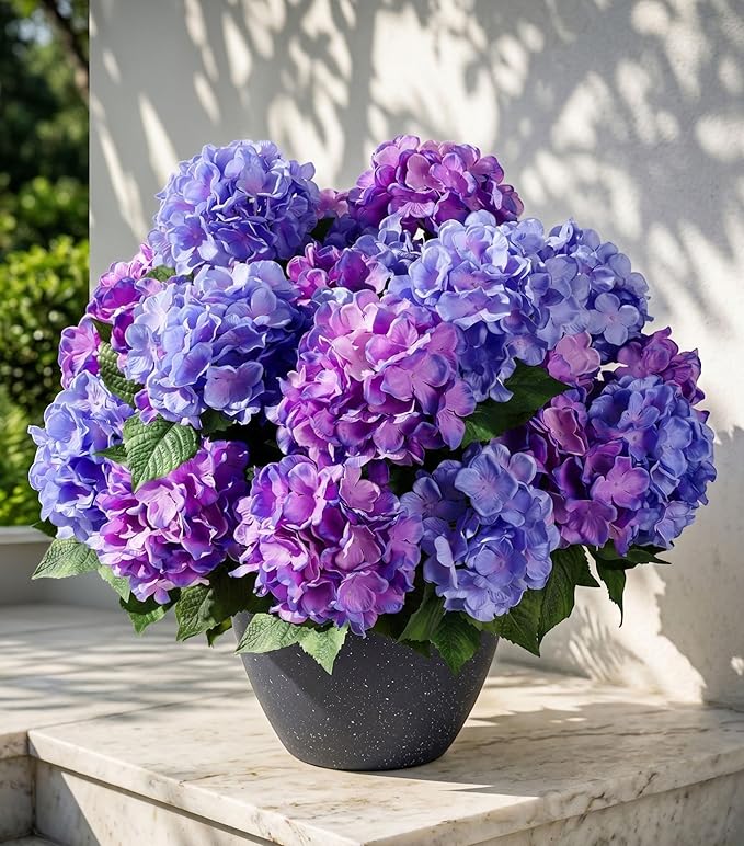 Ivydale Artificial Flowers for Outdoors, 4 PCS Purple Blue Fake Silk Hydrangea Flower Stems for Bouquets UV Resistant Realistic Faux Plants Home Outdoor Wedding Party Centerpieces Decor