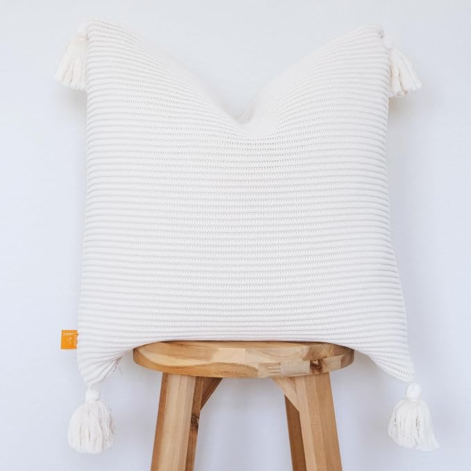 100% Soft Cotton Raised Stripes Textured Rib Knit Throw Pillow Cover with Tassels (18x18, Soft White)