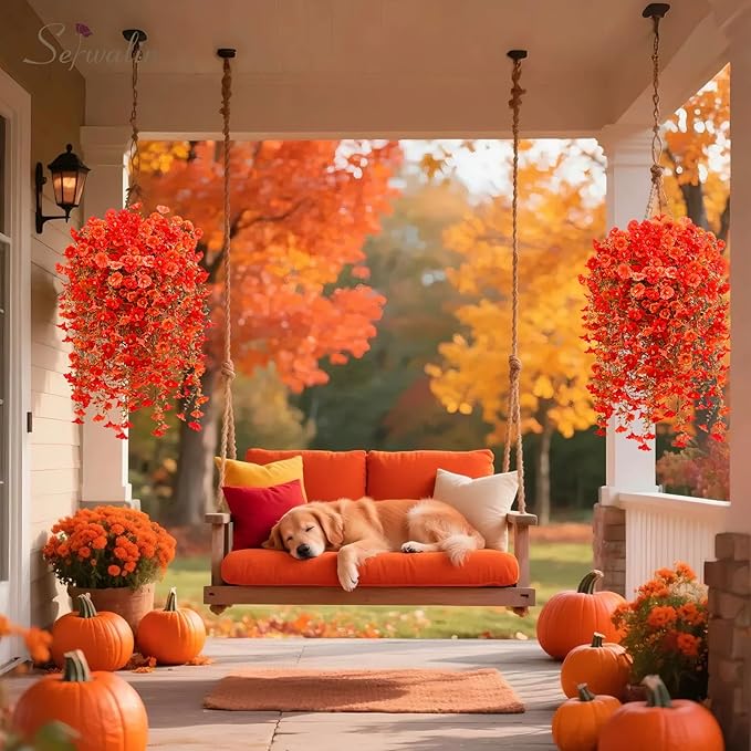 Serwalin 4PCS Artificial Fall Flowers for Outdoors, UV Resistant Fake Silk Artificial Hanging Plants Outdoor for Porch Patio Balcony Outdoor Planter Garden Yard Fall Decor(Orange&Red,4PCS)