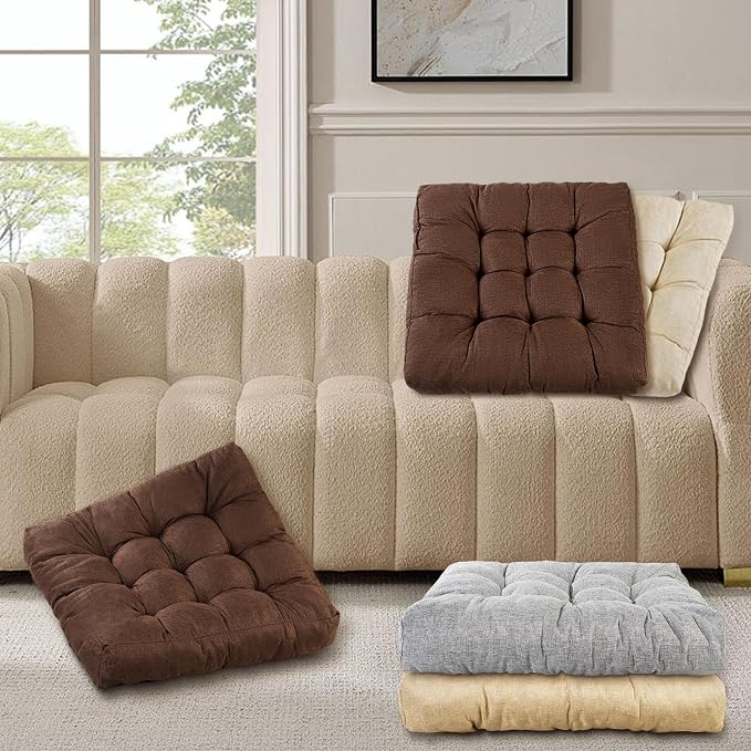 Meditation Floor Cushions Set of 2, Thickened Floor Pillow for Adults, Large Square Pillows Seat Cushion for Tatami Living Room Yoga, Memory Sponge Block Added, 22x22 Inch, Brown