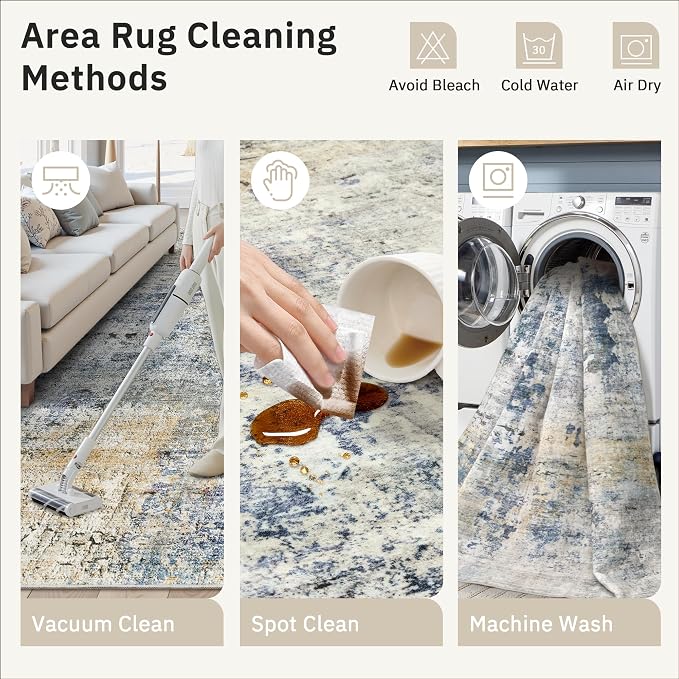 Soalmost Abstract Rug 8x10 Large Living Room Rugs Neutral Modern Washable Area Rugs for Bedroom Dining Room Non-Slip Stain Resistant Foldable Thin Rug Blue Yellow