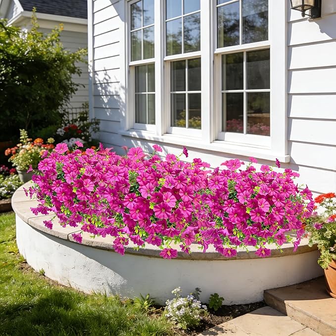 Ouddy Decor 24 Bundles Artificial Flowers for Outdoors, Fake Petunias Flowers Silk Morning Glory with Eucalyptus Faux Plants for Indoor Outside Spring Summer Yard Garden Porch Home Decor, Rose Red