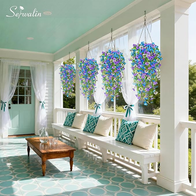 Serwalin Artificial Fake Hanging Flowers for Outdoors Planters,6PCS UV Resistant Faux Pansy Spring Flowers for Outside Porch Patio Garden Window Box (Blue Purple White)
