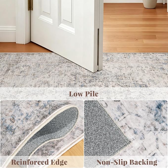 Machine Washable Rugs for Living Room: 10x14 Area Rugs for Bedroom Ultra Soft Non-Slip Low Pile Vintage Distress Boho Large Carpet for High-Traffic Dining Room - Farmhouse Decor