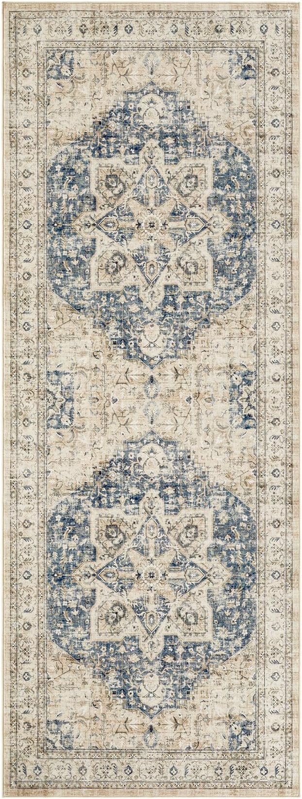 Tortania Area Rug 2x8 Runner Rugs - Washable Vintage Oriental Farmhouse Thin Indoor Carpet for Living Room Bedroom Hallway Entryway Kitchen Under Dining Table Home Office - Cream/Blue
