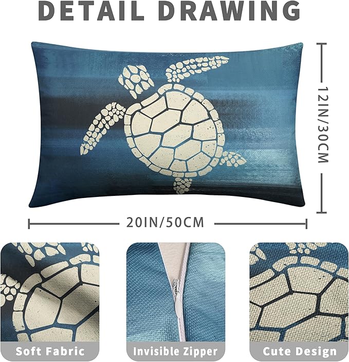 Starfish and Turtle Pillow Covers Sea Ocean Coastal Theme Rectangle Pillow Case 12x20 Beach Nautical Navy Blue Lumbar Throw Pillow Covers for Bedroom Living Room Sofa 2 Pack