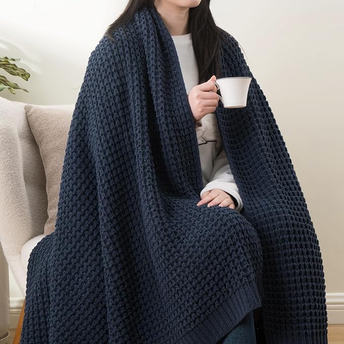 Bunnikins & Clover Navy Blue Throw Blanket for Couch, Knitted Blue Blanket Throw 50''x60'', Super Soft Waffle Navy Throws for Chair Sofa Home Decor