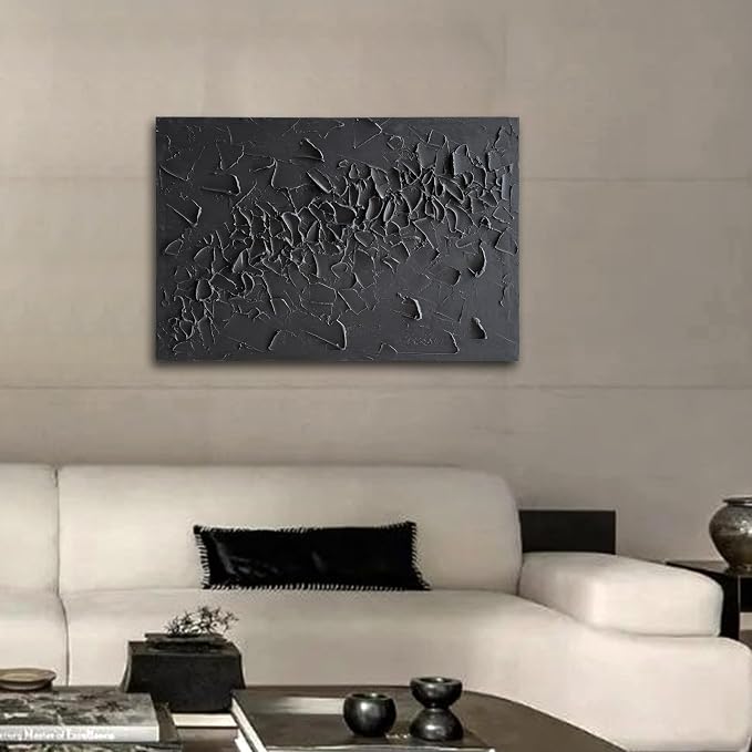 NANKAI Art Hand-Painted Black Thick Textured Abstract Painting Contemporary Minimalist Canvas Art Oil Painting Home Office Wall Decoration, 36x24 inches