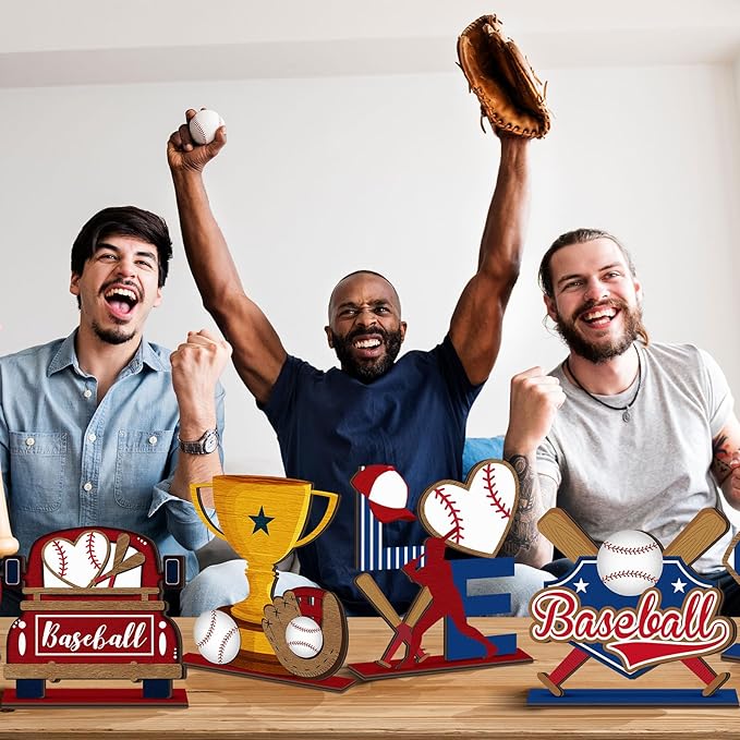 Cinnvoice 6 Pcs Baseball Table Decorations Wooden Table Centerpieces Rustic Wood Tabletop Sign Decorations for Home Kitchen Office Farmhouse Desk Shelves Party Tiered Tray Decor