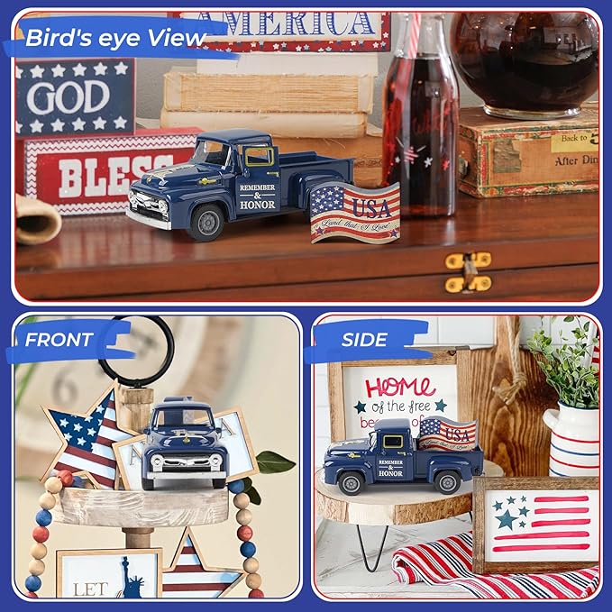 4th of July Patriotic Truck Decor, Red White and Blue Decorations Tiered Tray, Rustic Farmhouse Tabletop Centerpiece for Memorial Day Independence Day Decorations for Home Office