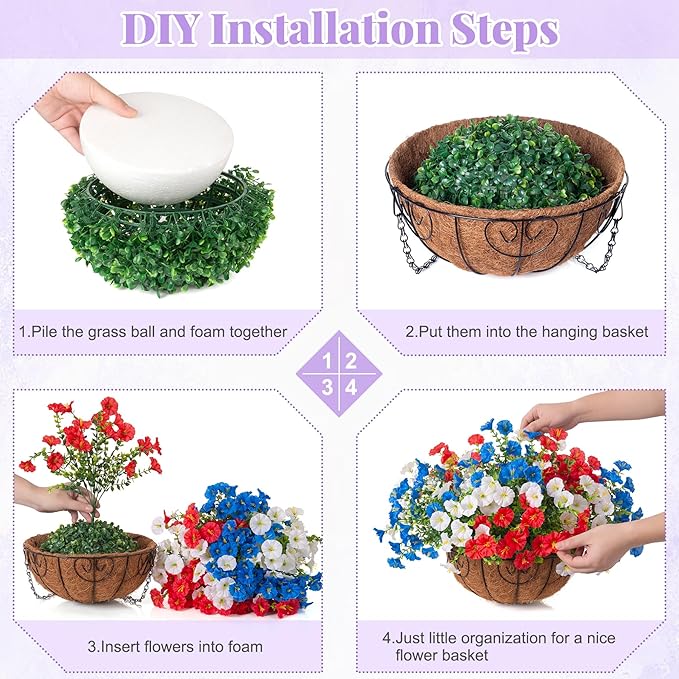 Ammyoo Artificial Fake Hanging Flowers with Basket for Outdoors, Faux Petunias Flowers Fake Hanging Plants with Eucalyptus Realistic UV Resistant for Outside Patio Garden Porch Balcony Yard Decor