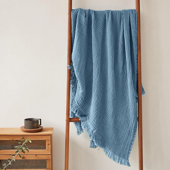FALUCA Cotton Muslin Throw Blanket 50x60 Inches for Bed, Couch, Knit Woven Gauze Blanket, Soft Lightweight Cozy Breathable Farmhouse Decoration for All-Season, Dusty Blue