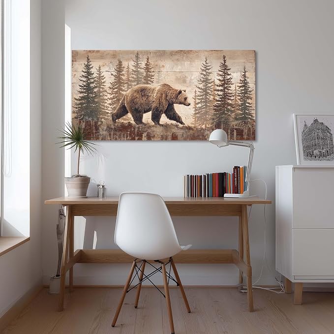 Ggaafet Brown Bear Forest Wall Art for Living Room Canvas Painting Prints Retro Wood Rustic Wildlife Art Deco Vintage Nature Artwork Office Bedroom Farmhouse Dining Room Decor Extra Large
