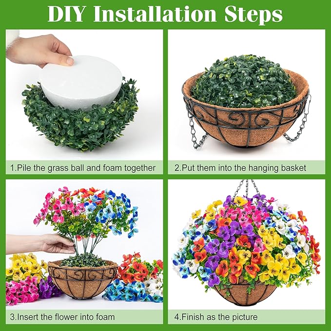 Artificial Hanging Flowers with Baskets for Outdoors, Fake Silk Pansy Flowers UV Resistant Faux Hanging Plants for Front Porch Patio Yard Home Spring Summer Decoration, Multicolor