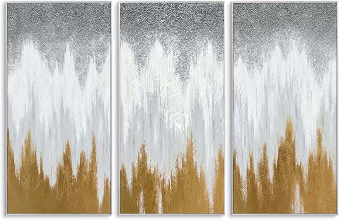 SAFERRYHOME Abstract Hand Painted Wall Art, Gold White Gray, 20"x40"x3 | 3D Textured Framed Canvas Wall Decor, Modern Golden Painting Minimalist Geometric Artwork for Home Office Living Room Hallway