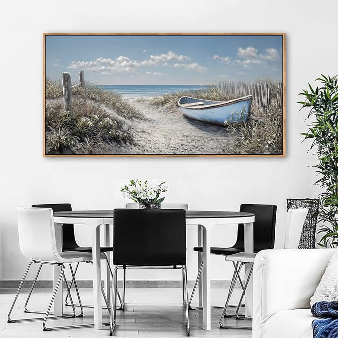 Coastal Wall Art for Living Room Vintage Boat Artwork for Walls, Framed Landscape Canvas Wall Art Blue Ocean Beach Pictures, Farmhouse Sailboat Bedroom Decor Above Bed 24×48IN