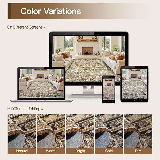Lofus 10x14 Area Rug for Living Room,Brown Washable Area Rugs with Non-Slip Backing,Soft Boho Carpets for Bedroom Dining Room Home Office Indoor Nursery