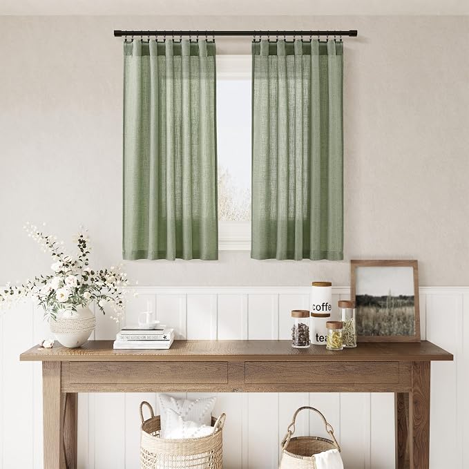 Light Sage Kitchen Linen Curtains 36 Inch Length 2 Pack Privacy Light Filtering Linen Short Drapes with Rod Pocket Back Tab for Small Windows Cafe Bathroom Mediterranean Style Laundry Room 36Wx36L