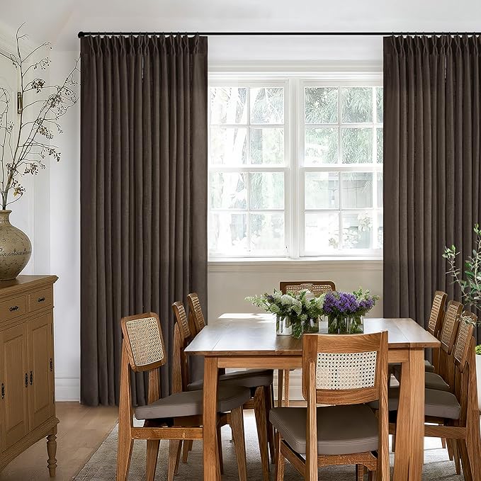 TWODRAPES Dark Chocolate Pinch Pleated Linen 120 Inch Curtains 2 Panels for Living Room Bedroom Memory Training Shaped Semi Sheer Pleat Drapes with Hooks Rings Light Filtering Window Curtain 40x120