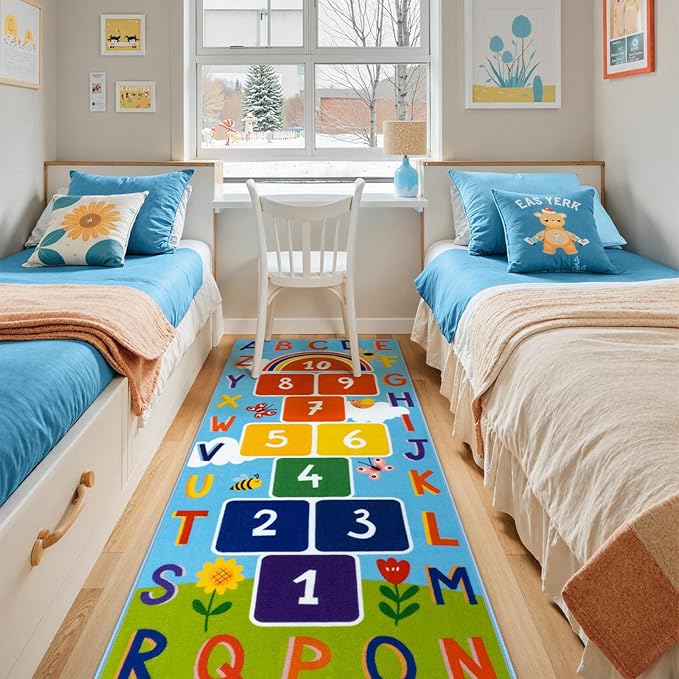 STARUIA Washable Hopscotch Kids Rug for Playroom, Colorful Educational Classroom Rugs with ABC Number, Non Slip Kids Play Mat Rug Game Carpet for Bedroom Nursery Daycare Boy Girl (Blue, 31.5''x72'')