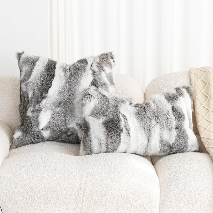 Genuine Rabbit Fur Throw Pillow Covers Set of 2, Luxury Decorative Pillowcases Soft Fluffy Animal Skin Accents Cushion Cover for Couch Sofa Bedroom Living Room Home,18x18 inch,Gray-White
