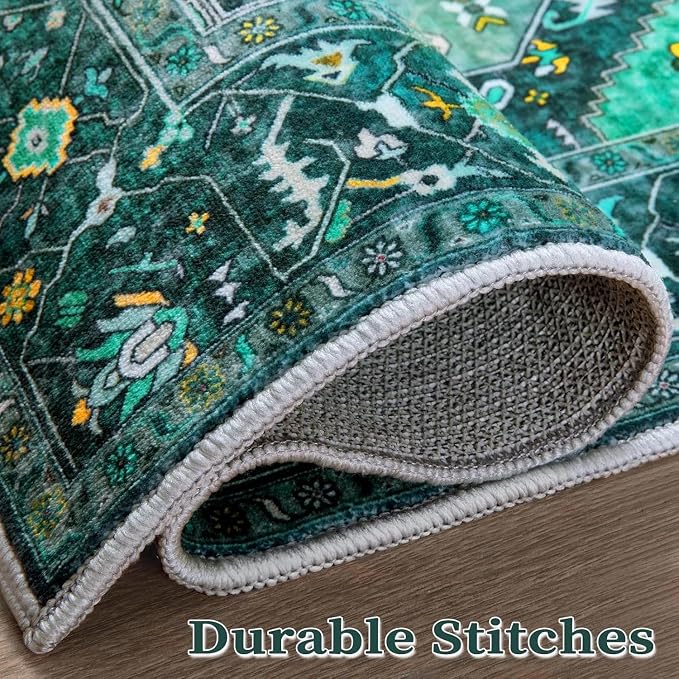 SERISSA 2x4 Boho Rugs for Entryway, Washable Non-Slip Kitchen Runner Rug, Ultra Soft Small Area Rug Vintage Teal Low-Pile Door Mat Indoor Entrance Carpet for Bedroom Hallway Laundry Room Bathroom