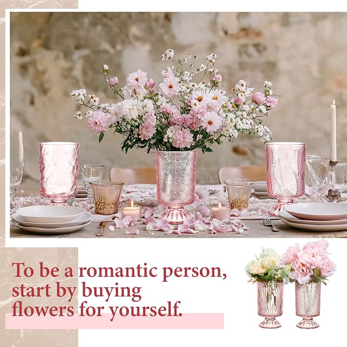 6 Pcs (H: 7" W: 4") Embossed Flower Vase Pedestal Glass Vase Big Base Thickened Crystal Vintage Vases for Wedding Party Home Decor Table Centerpiece House Warming Gifts (Pink,Classic)