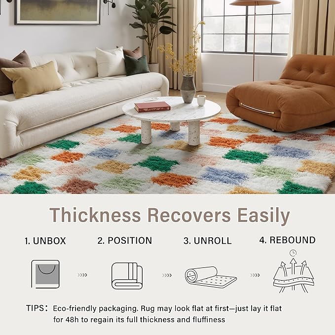 PureCozy Checkered Rug 5x5 for Living Room, Modern Neutral Shag Rug Washable Non-Slip Large Area Rug Super Soft Indoor Fuzzy Carpet Fluffy Rugs for Bedroom Home Aesthetic Decor
