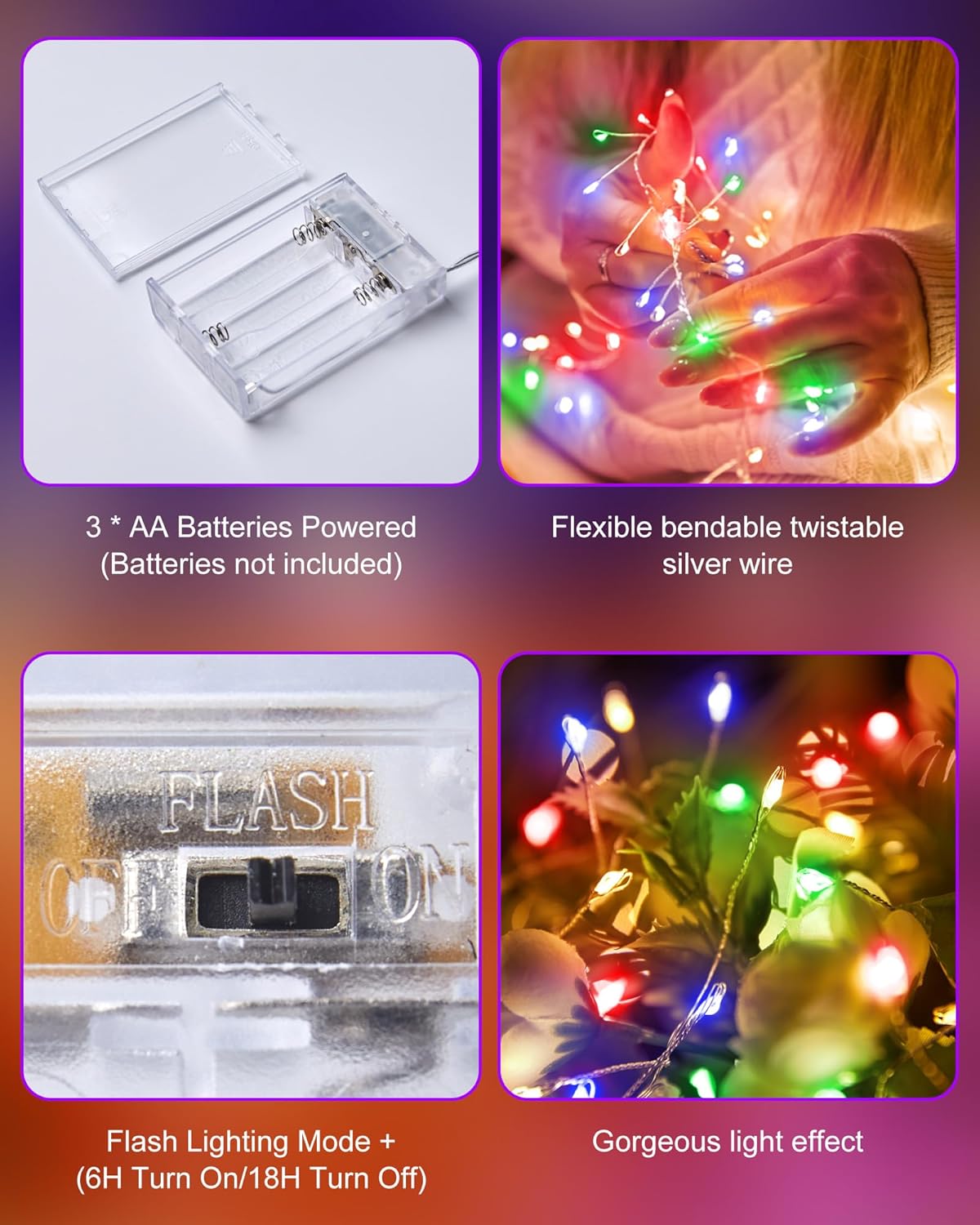 Fairy Lights Battery Operated, Twinkle String Lights Waterproof Silver Wire 5 Feet 60 Led Firecracker Starry Lights for DIY Wreath Home Wedding Party Bedroom Mason Jar Holiday Christmas, Multicolor