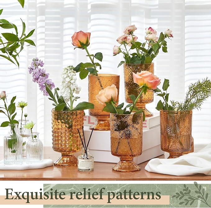 9 Pcs (H: 7" W: 4") Embossed Flower Vase Pedestal Glass Vase Big Base Thickened Crystal Vintage Vases for Wedding Party Home Decor Table Centerpiece House Warming Gifts (Amber,Stylish)