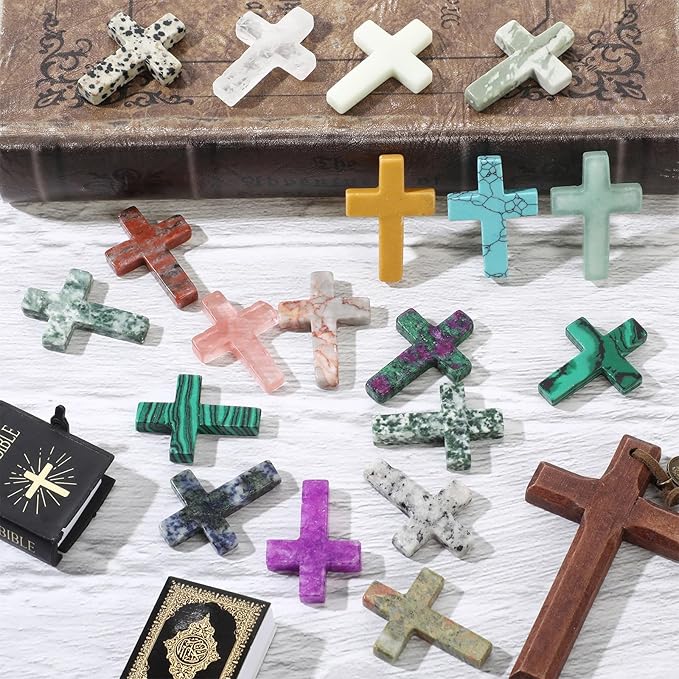 Nuenen 50 Pcs Easter Cross Crystal Stone Bulks 1'' Natural Crystal Wall Cross Shaped Worry Stones Charm Pocket Quartz Gift Halloween Easter Decor(1.77 x 1.38 x 0.24 Inch,Cute)
