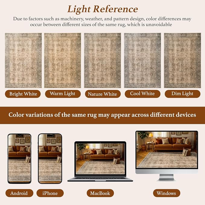 LIANLAM 5x7 Washable Area Rug, Vintage Boho Traditional Pattern, Non-Slip Stain Resistant Rug for Living Room Bedroom(5x7,Brown/Boho)