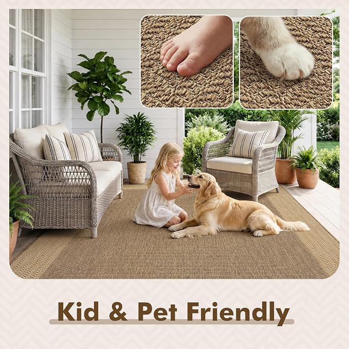MontVoo-Outdoor Rug-Patio Rug 5x7 ft Polypropylene Indoor Outdoor Rugs Outdoor Carpet for Patio Deck Balcony Porch, Textured Weave, Durable for High Traffic, Fade-Resistant, Modern Neutral Brown