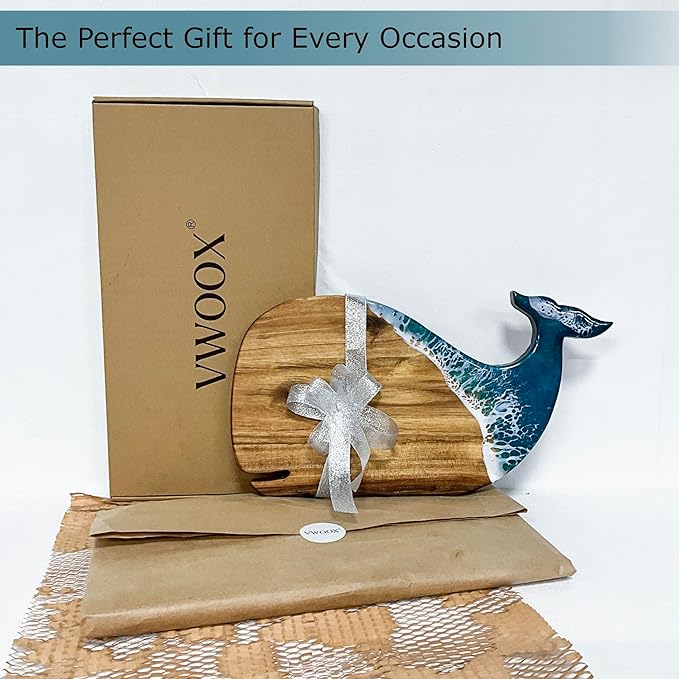 Whale Serving Board - Acacia Wood with Ocean-Inspired Epoxy (15" x 7.9"), Cute Charcuterie Cheese Tray, Unique Kitchen Dรฉcor, Cutting Board Gift for Women, Home or Party Use