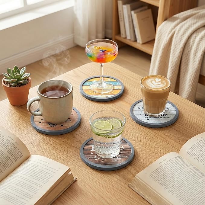 Absorbent Coasters for Drinks with Holder, Set of 6 Farmhouse Coasters, Silicone Coaster with Soft Felt Insert, Round, Housewarming Gifts