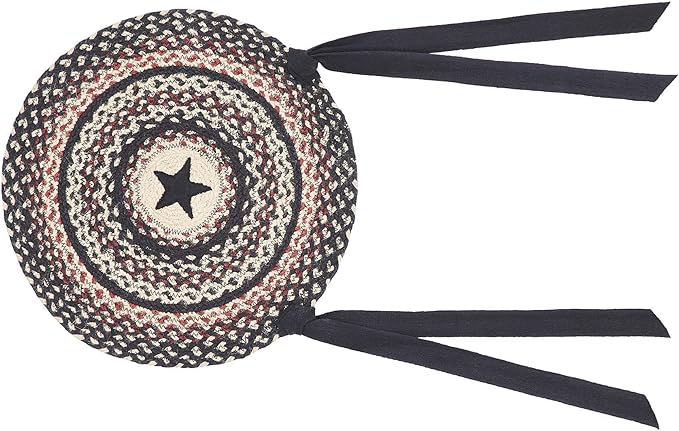 VHC Brands Colonial Star Round Seat Cushion Chair Pad, Tan Black Red, Jute Blend with Ties, Set of 4, 15x15 Inches