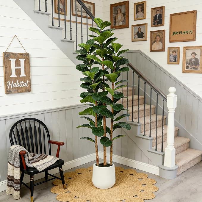 6ft Fake Fiddle Leaf Fig Tree, Realistic Fake Plants with Natural-Looking Trunk, Evergreen Faux Plants Indoor for Home & Office Decor(3 Poles, White Pot)