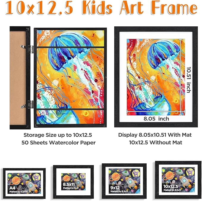 KINLINK 10x12.5 Kids Art Frame Set of 2, Solid Wood Kids Artwork Frames Changeable with Front Opening Hold 150 Pictures, Art Frames for Kids Art with Mat,without Mat 10x12.5 Picture Frame Black