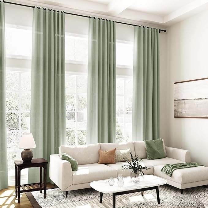 Nanspring Extra Long Linen Curtains 102 Inches Long for Living Room Sheer Light Filtering Floor to Ceiling Curtain Back Tab Boho Farmhouse Window Drapes for Bedroom Desert Sage 52x102 2 Panels