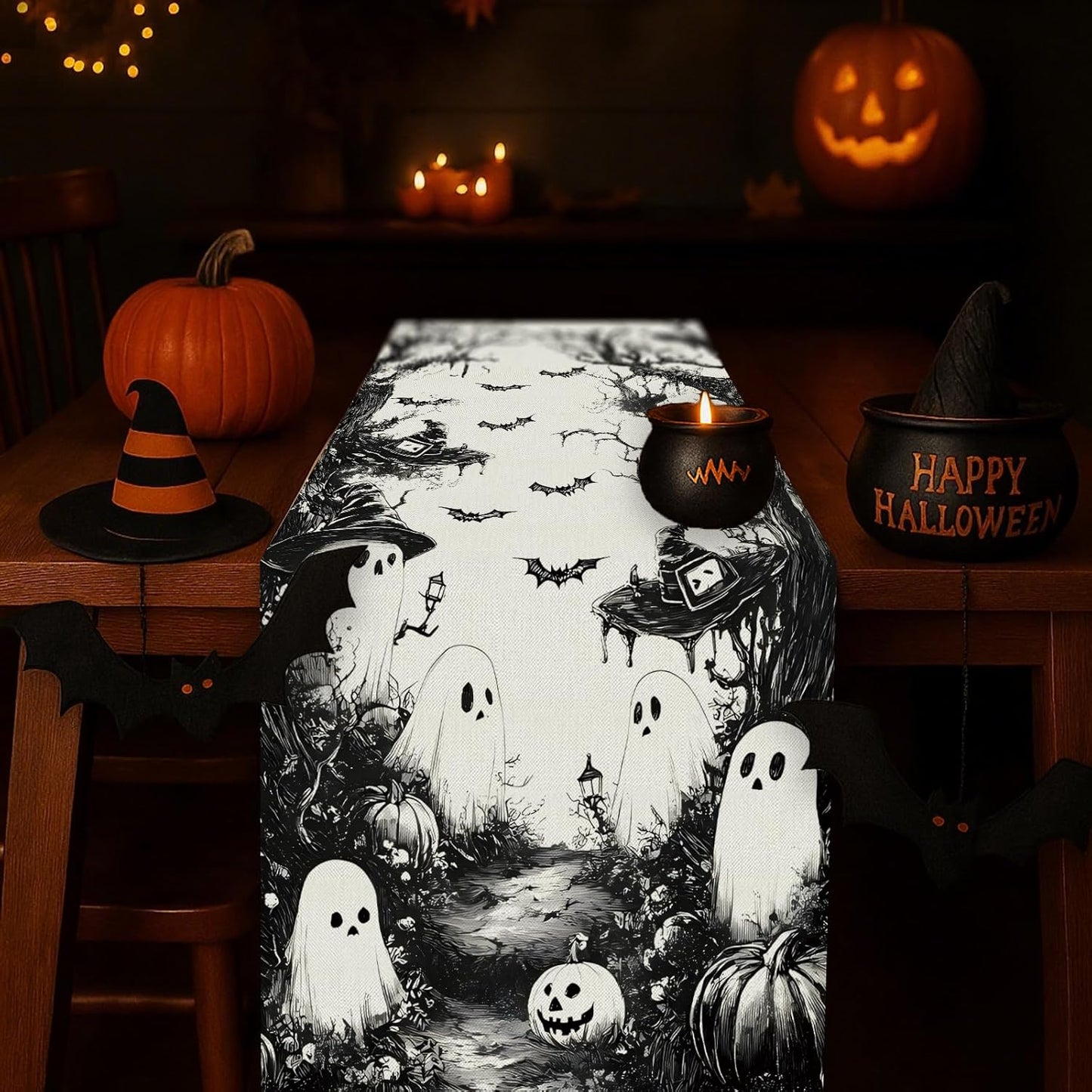 GPGHE Halloween Table Runner Black Ghost Holiday Burlap Table Decoration Indoor Outdoor Home Decor Party Supply 13 x 108 Inch