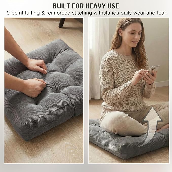 Meditation Floor Pillow Set of 2, Square Large Pillows Seating for Adults, Tufted Corduroy Cushion for Reading Corner, Dorm Room and Living Room, Grey, 22x22 Inch
