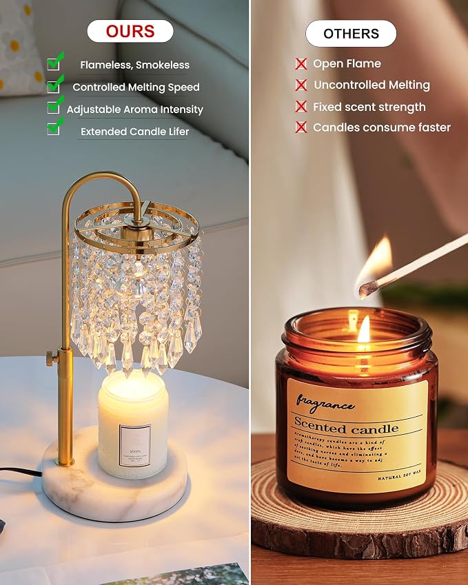 Candle Warmer Lamp with Timer Dimmer and 3 Bulbs, Candle Lamp Warmer with Marble Base for Adjustable Height, Crystal Candle Lamp for Jar Candles, House Warming Gifts Home Room Decor, Gold
