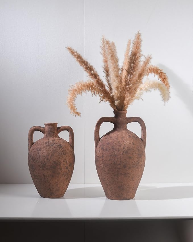 UPWOIGH 11.8in Terracotta Vase with Handles | Rustic Brown Finish, Distressed Ceramic Texture, Amphora Style, Pampas Grass Display, Mediterranean Farmhouse Décor