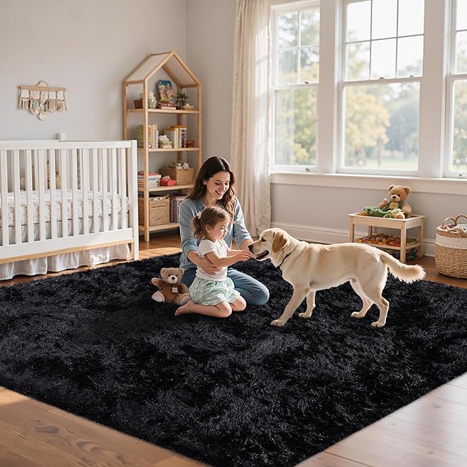 6x9 Area Rug for Living Room:Ultra Soft Fluffy Shag Black Rugs,Large Fuzzy Plush Indoor Non Slip Carpet Washable Rug for Bedroom Kids Nursery Office Dorm Modern Decor(Black 6'x9')