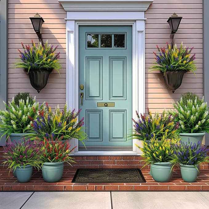Nigirior Artificial Flowers for Outdoor Plants 24 Bundles Fake Lavender Plastic Faux Monkey Grass for Verandah Window Garden Office Patio Front Porch UV Resistant for Planter(5 Colors)