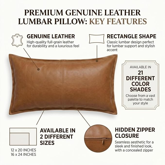 Genuine Leather Pillow Cover Case for Lumbar Throw Couch Pillows - Modern Farmhouse Decorative Sofa Thick & Soft Cushion Covers (Tan, 12" x 20")